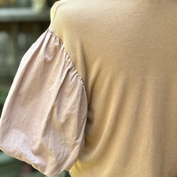 Pol Beige Puff Sleeve Mixed Media Crop Top - Picture 4 of 6